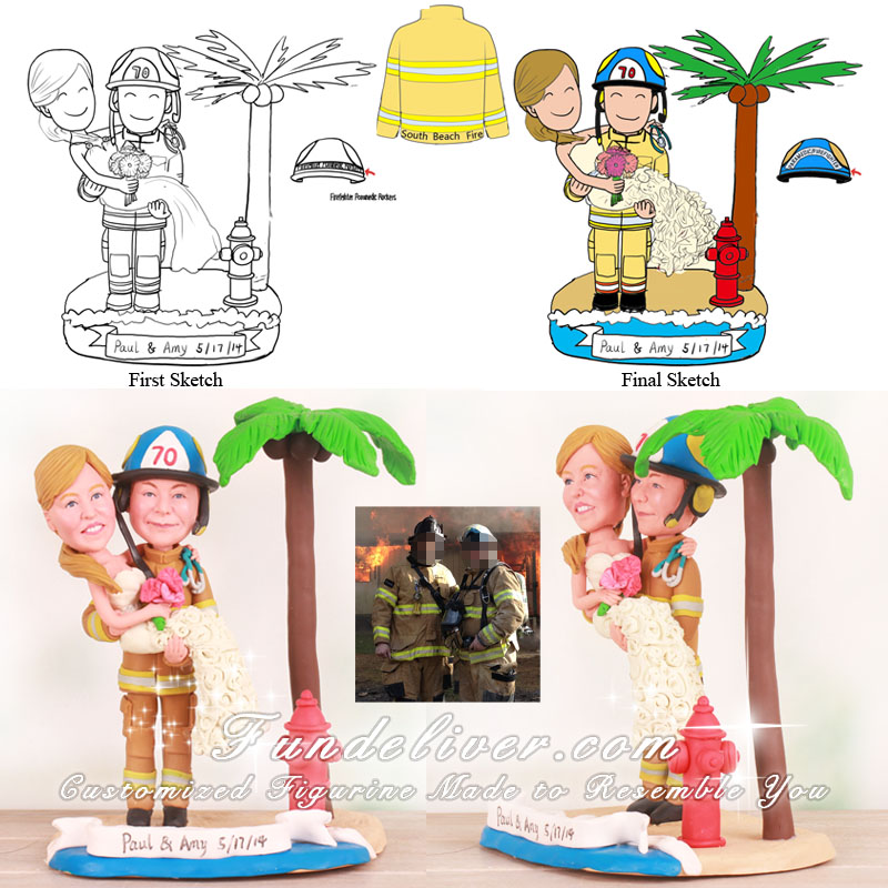 Beach Theme Firefighter Wedding Cake Toppers